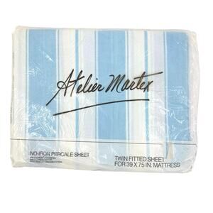 Vtg Atelier Martex Blue White Stripe Twin Fitted Sheet No Iron Percale NOS